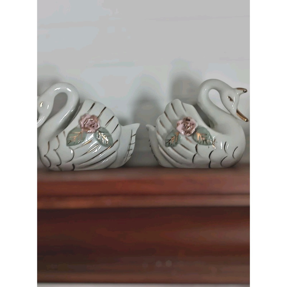 Set of Two Vintage 1950's SWAN Fine China Pink Rose Gold Trim Trinket Dish Japan